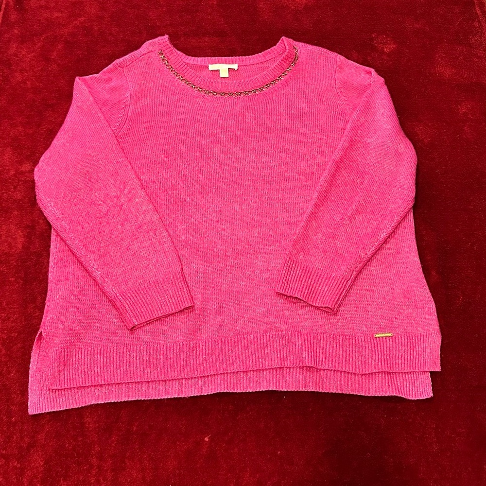 Michael Kors Pink Sweater w/ Custom Chain Neckline – Designer Knit Top